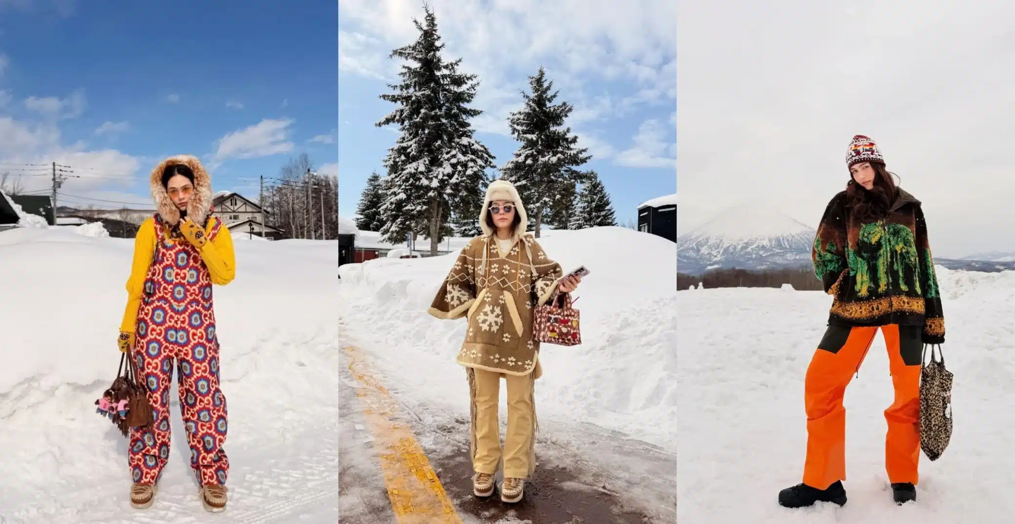 Chompoo showcases diverse winter styles in the snowy landscape